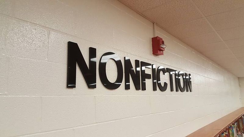 Acrylic lettering on an interior brick wall.