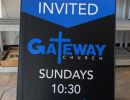 Portable sign for a church.